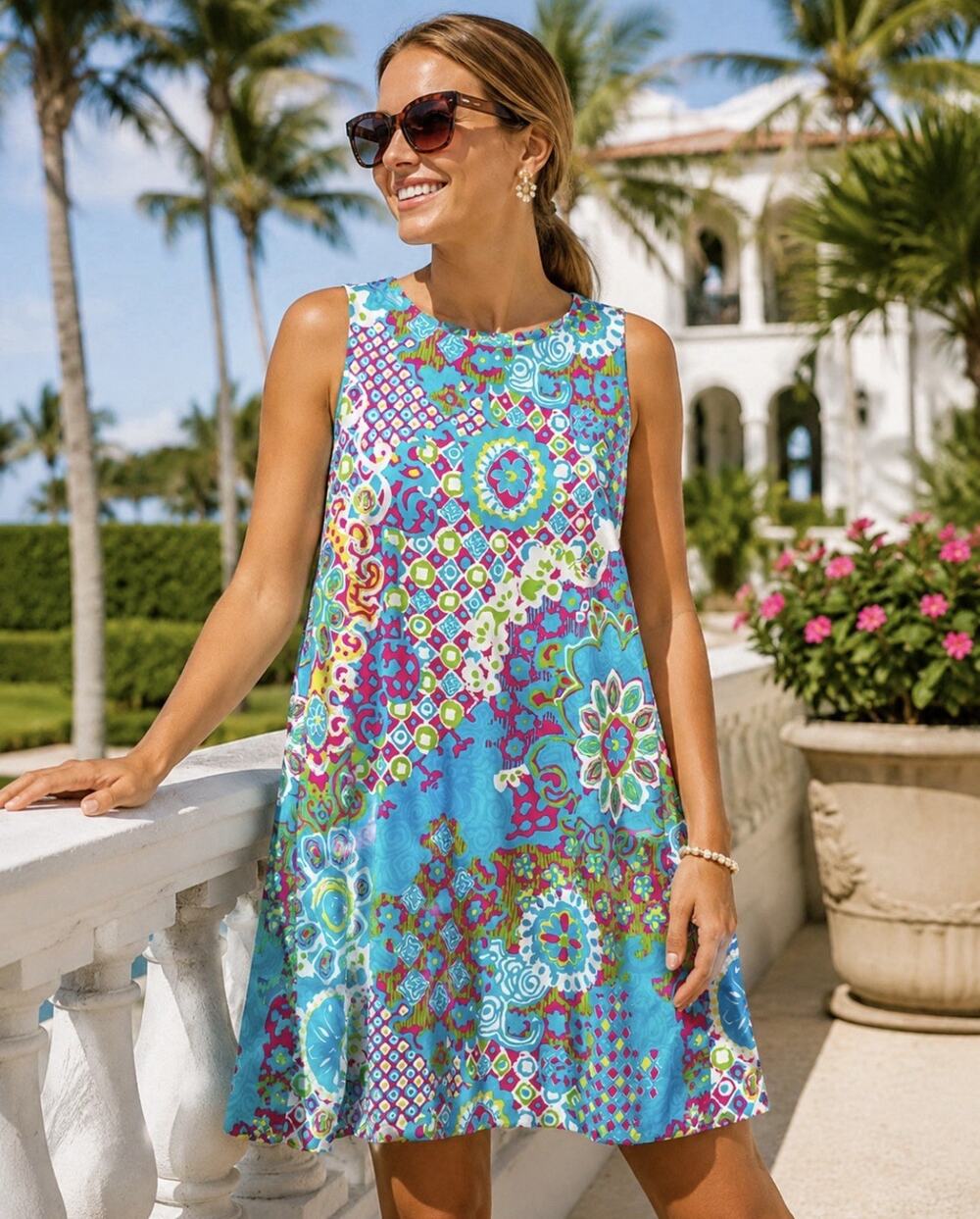 Jude Connally Med Blue Mosaic Floral Sleeveless Jude Cloth Stretch Dress